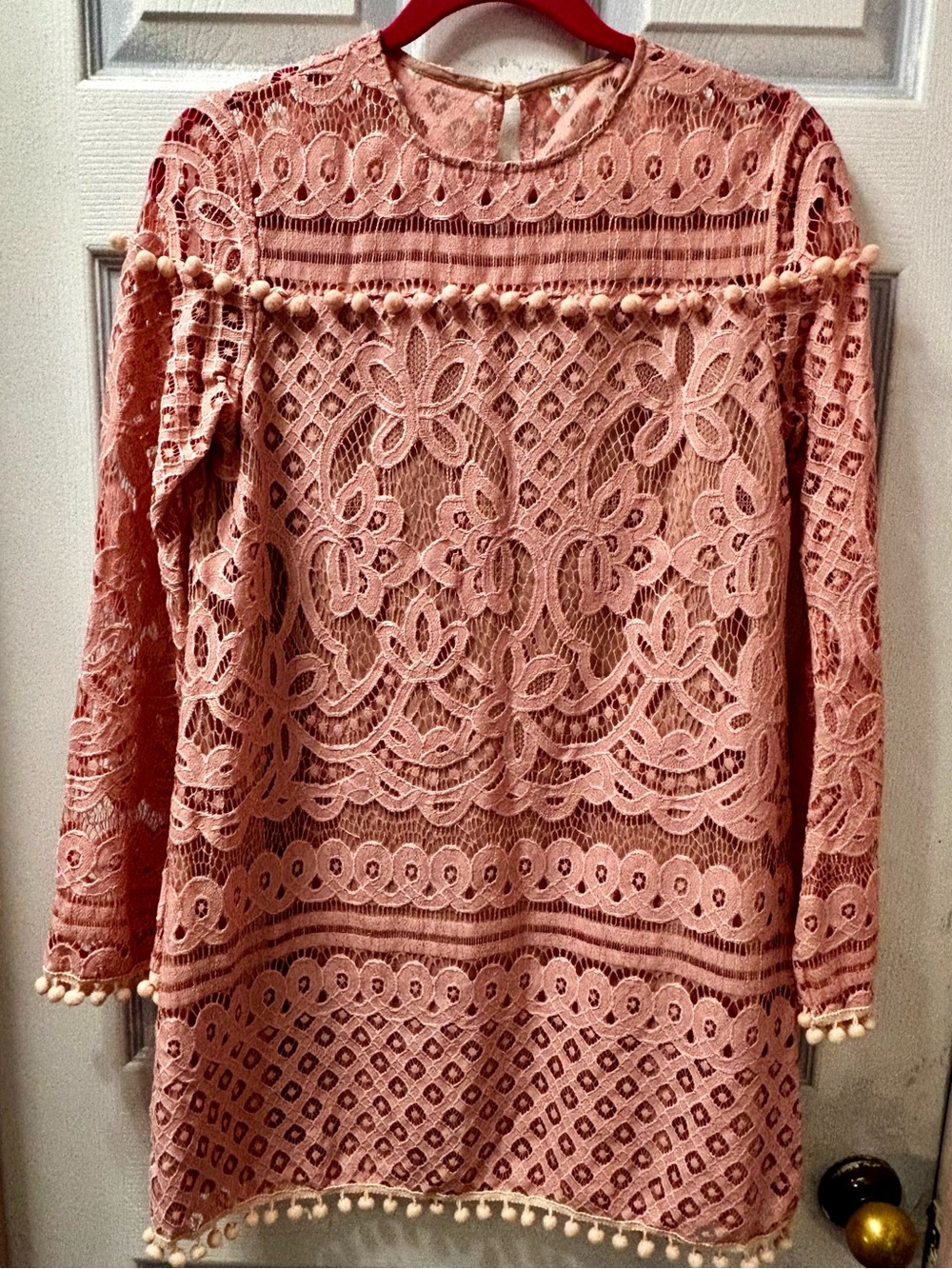 Blush Pink Lace Tunic with Pom-Pom Trim